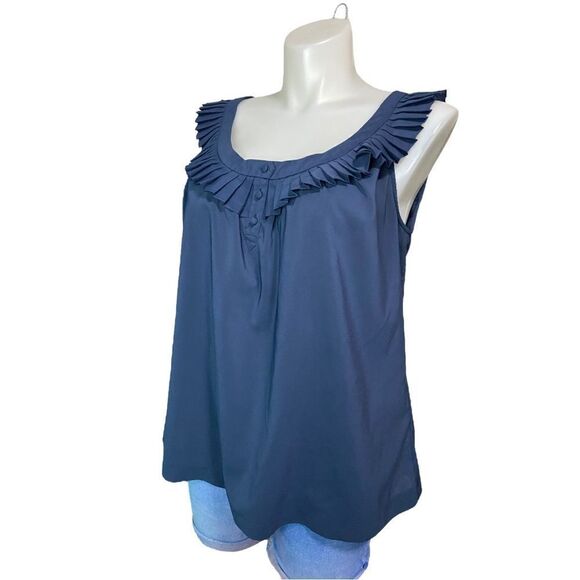 Avenue Navy Blue Sleeveless Ruffle Button Flowy Shirt Plus Size 18/20 - Picture 8 of 11